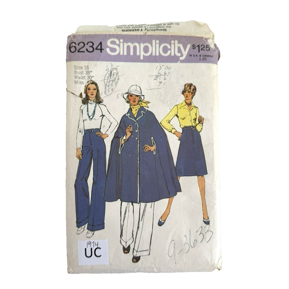 Vtg 70s Simplicity 6234 Sewing Pattern Cape Bell Bottom Pants Skirt Sz 16 UC